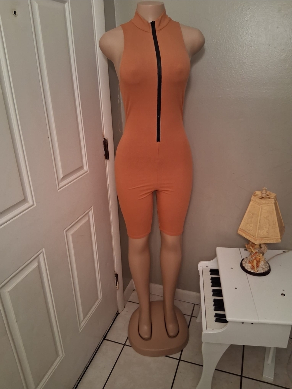 Sleeveless Zip-Front Rust Orange Romper